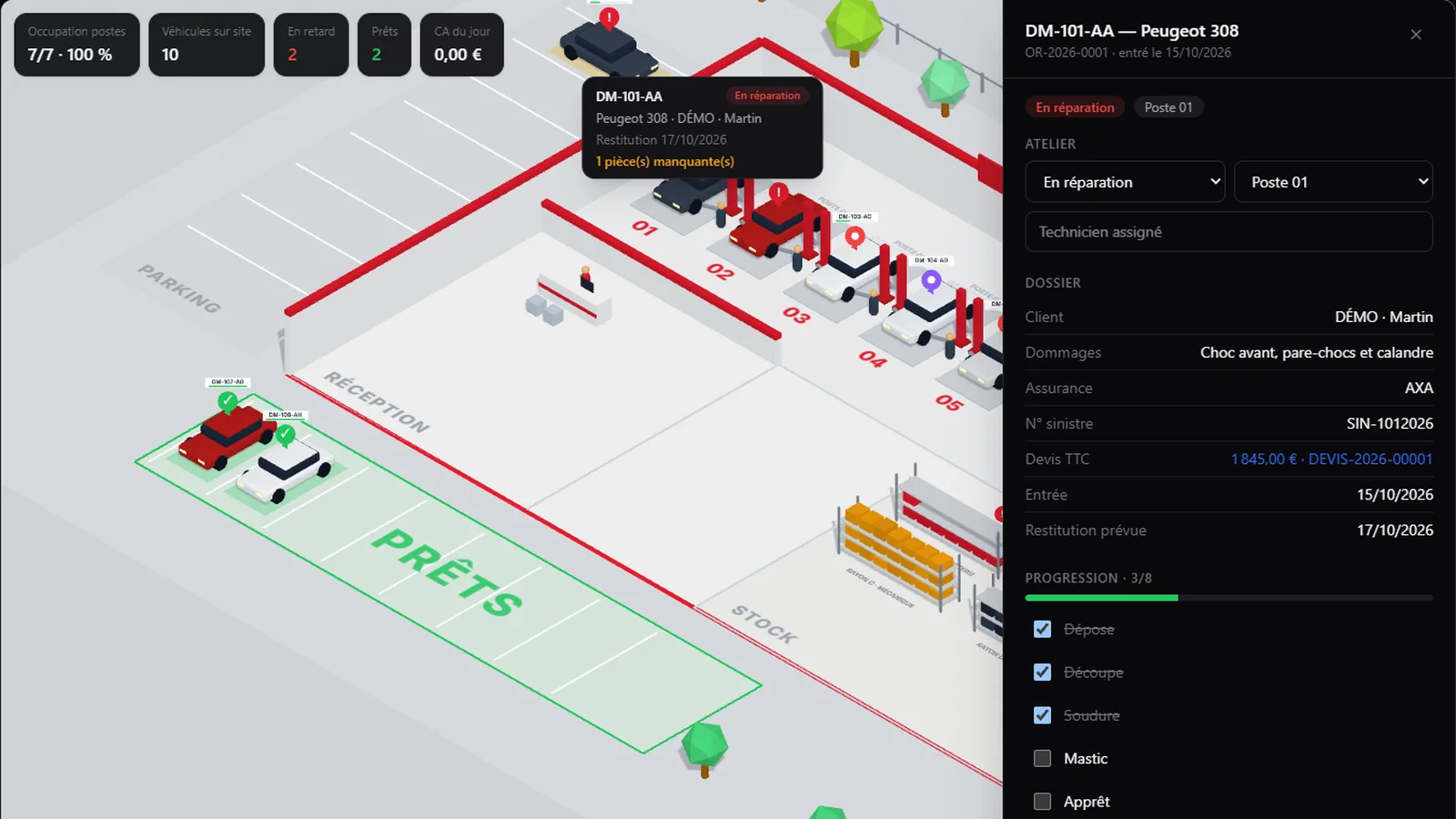 HINFINI ERP MÉCA · ATELIER 3D — capture du logiciel