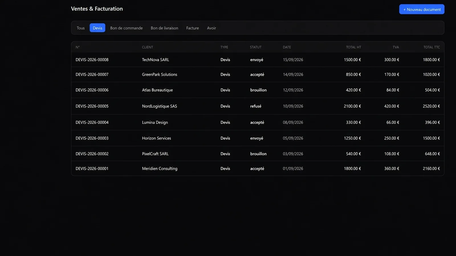 HINFINI ERP · VENTES — capture du logiciel